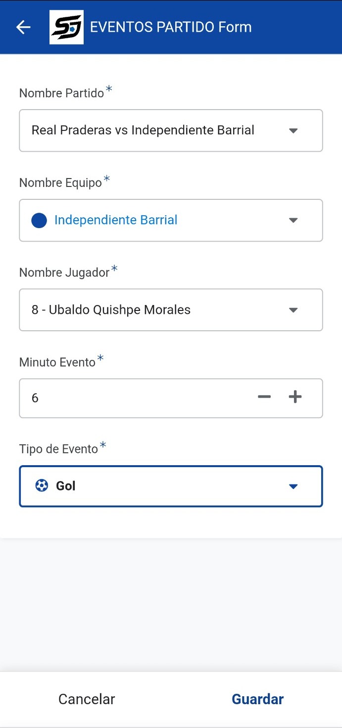 Formulario de evento de partido